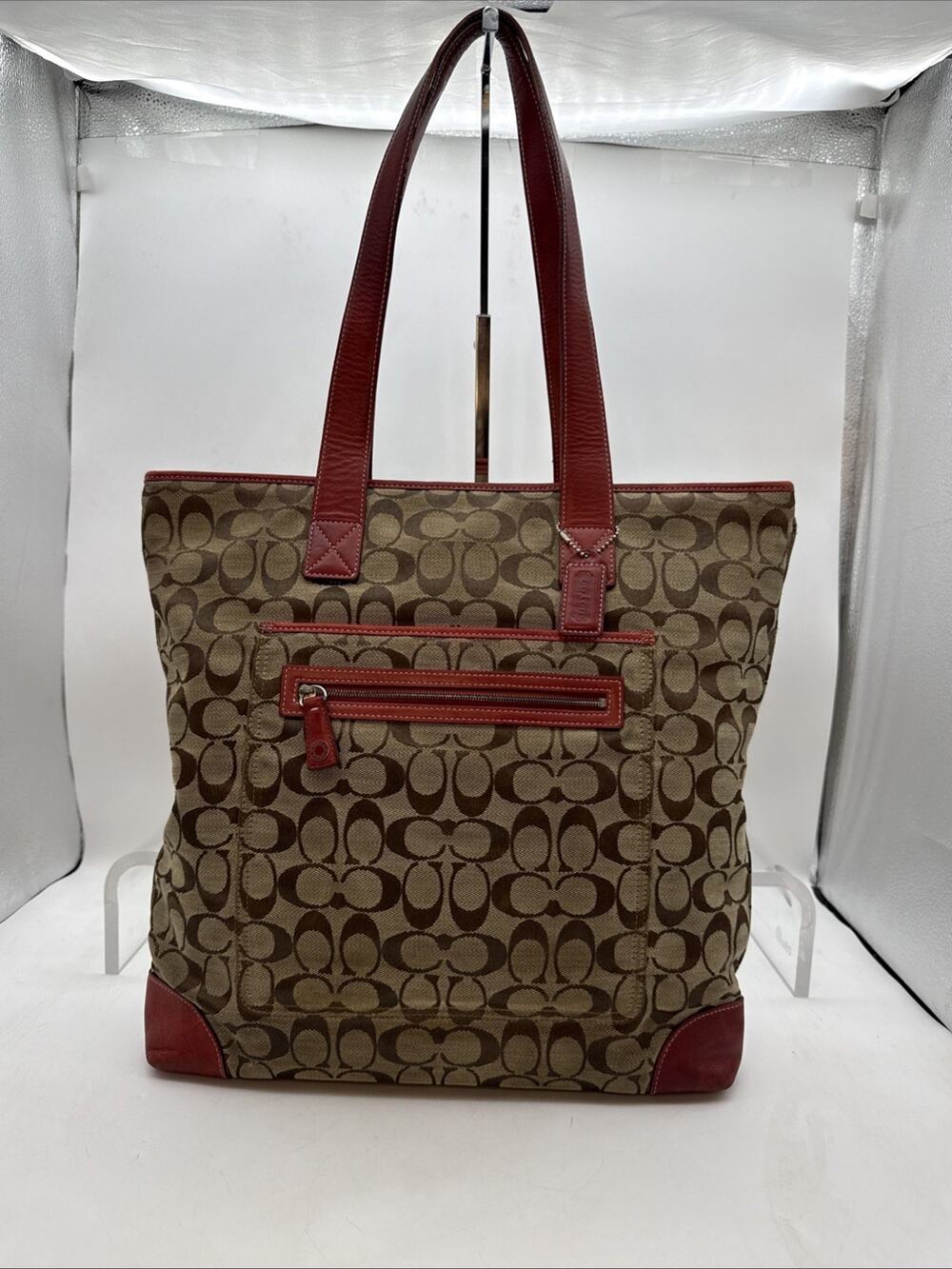 Coach Signature Canvas Leather Large Tote Shoulder Bag Tan Red M1J-6071